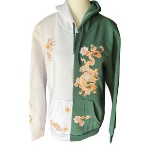 Rue21 Dragon Hoodie Women's Medium Green‎ White Pullover Graphic Kawaii